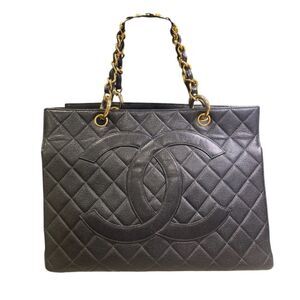 CHANEL Black Quilted Caviar Skin Grand Shopping Tote (GST) CC Logo Auth